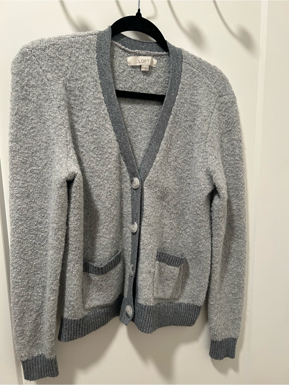 LOFT Two Tone Gray Boucle Knit Button Up Pocket Cardigan Sweater
